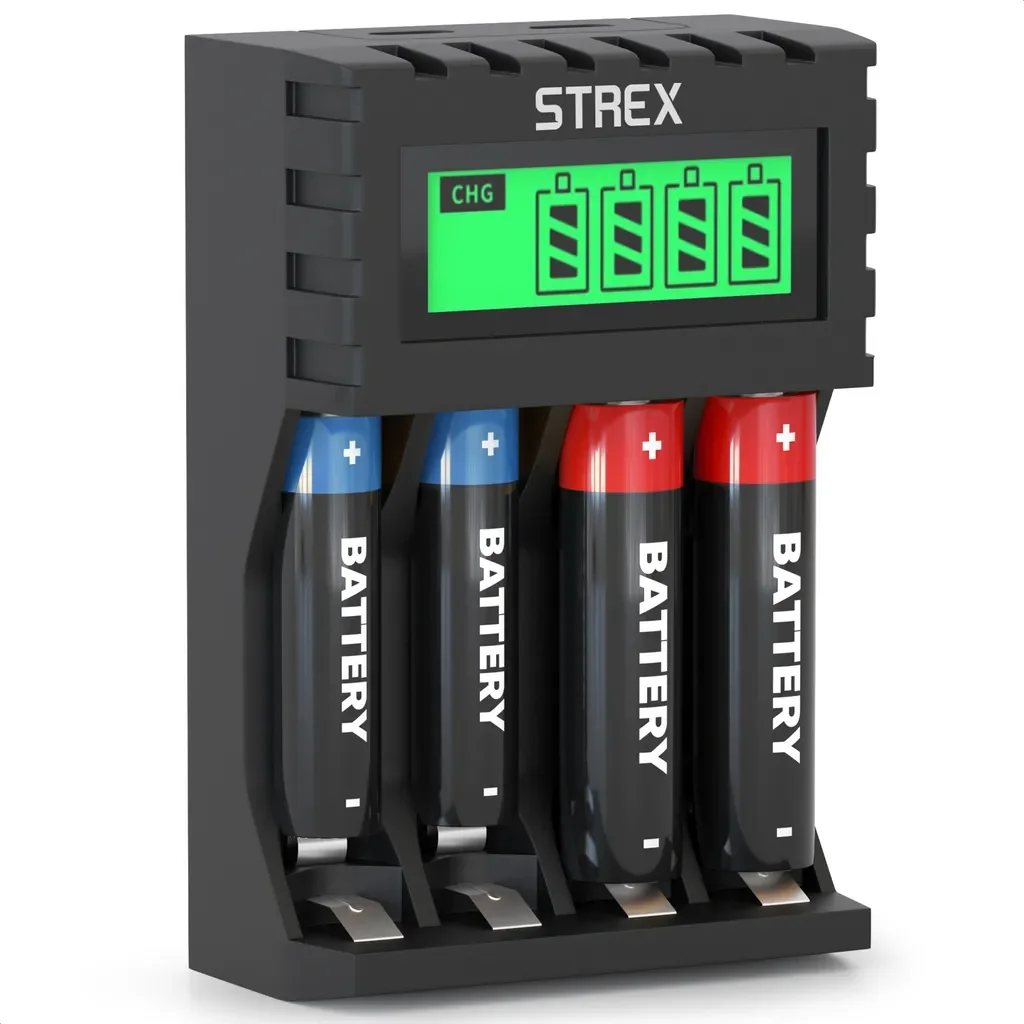 Strex Akkuladegerät AA/AAA mit LCD und USB universal